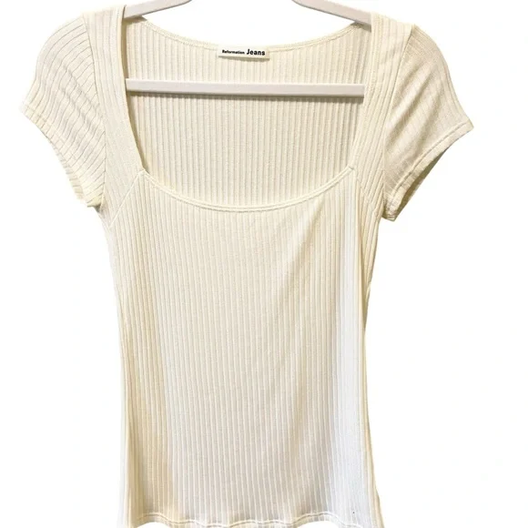 Reformation Bardot Cream Ribbed Short Sleeve Tee - Picture 4 of 8